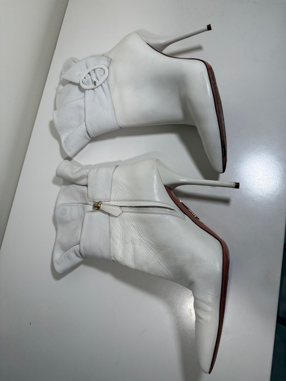 Aquazzura White Pointed-Toe Stiletto Ankle Boots with Buckle Strap, size 40 - Picture 7 of 16
